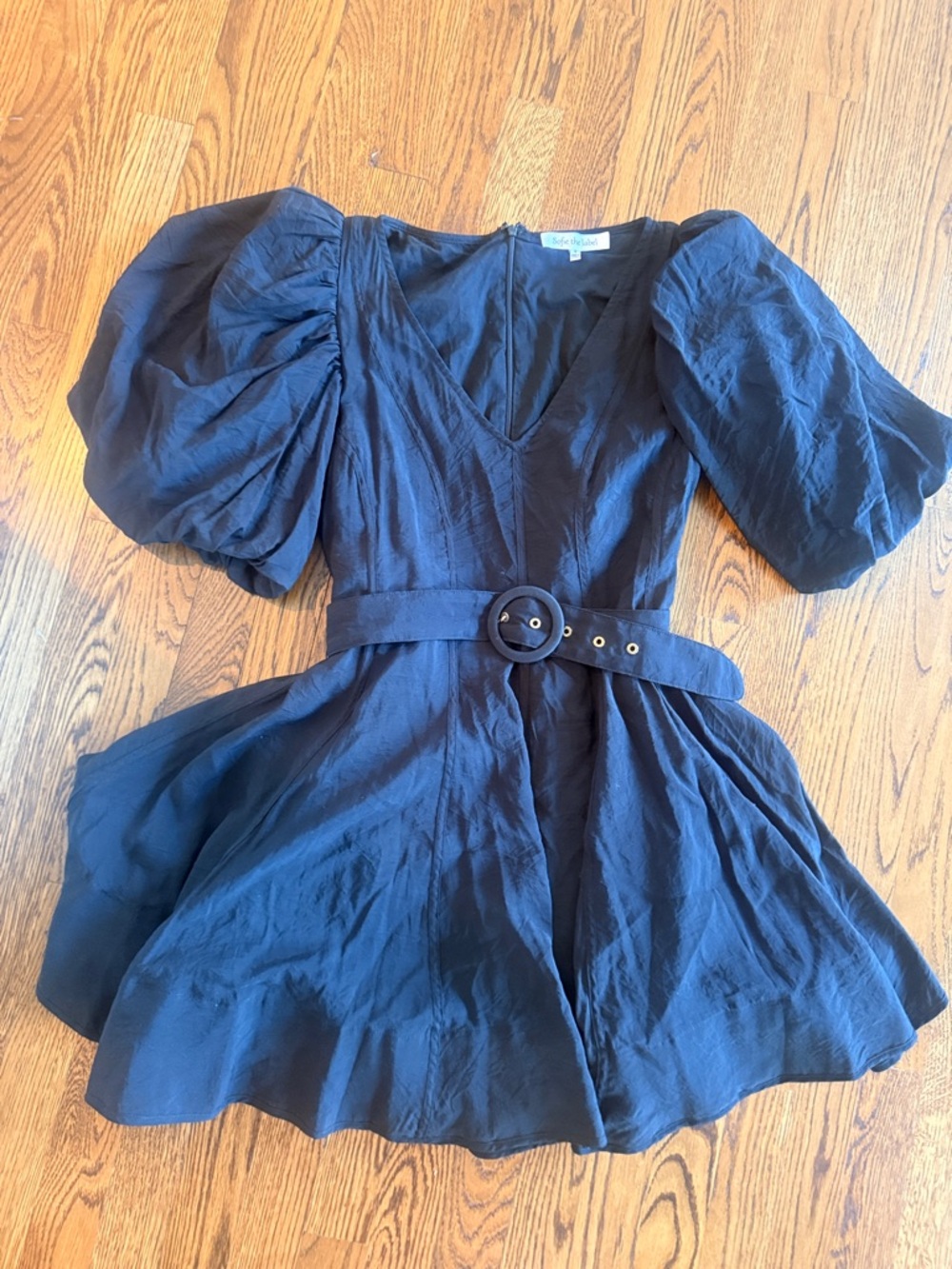 Black v neck Puff Sleeve Belted black mini Dress small